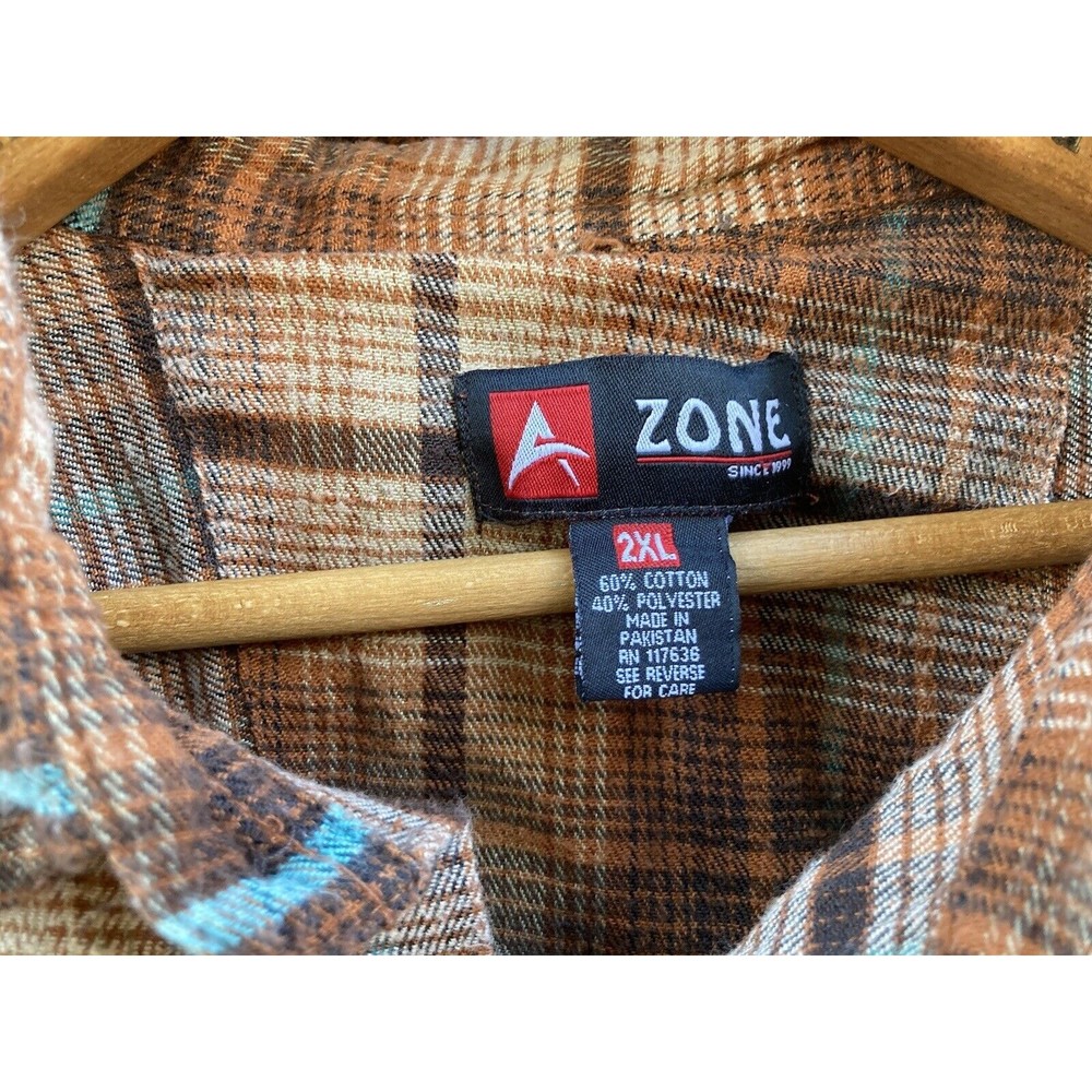 *MISSING‎ BUTTONS* Grunge Flannel 2XL A Zone Long Sleeve Button Up Brown Teal - Picture 2 of 4